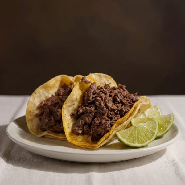 Two beef tacos with lime wedges on a white plate, against a dark background.