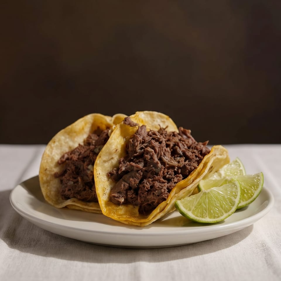 Two beef tacos with lime wedges on a white plate, against a dark background.