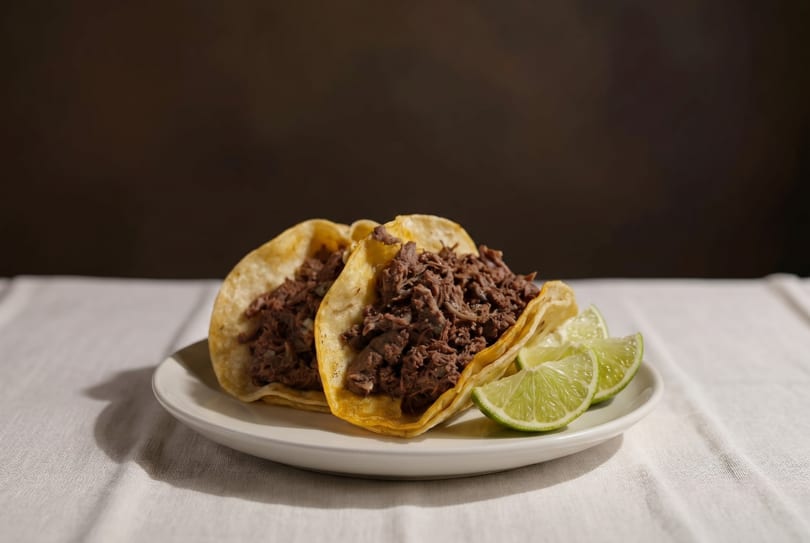 Two beef tacos with lime wedges on a white plate, against a dark background.