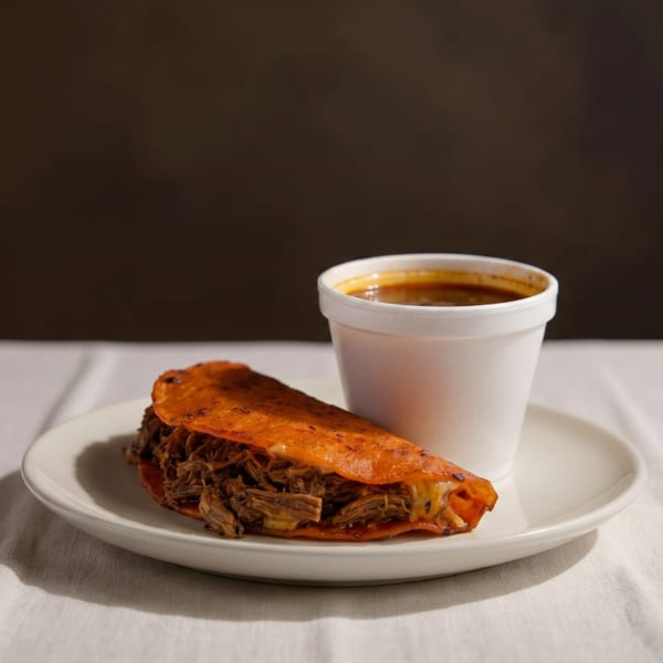A birria taco with melted cheese and a cup of consommé on a white plate.