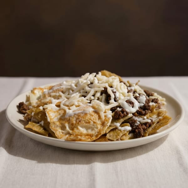 A plate of chilaquiles with shredded cheese, sour cream, and ground beef on a white tablecloth.