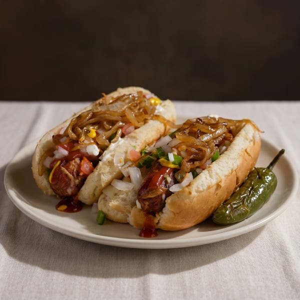 Two loaded hot dogs with caramelized onions, diced tomatoes, and a grilled jalapeño on a plate.