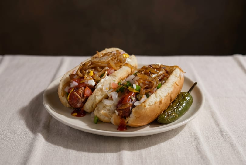 Two loaded hot dogs with caramelized onions, diced tomatoes, and a grilled jalapeño on a plate.