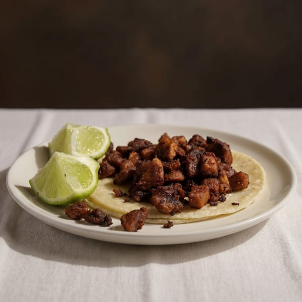 A white plate holds a tortilla topped with dark, crispy meat and two lime wedges.