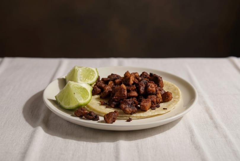 A white plate holds a tortilla topped with dark, crispy meat and two lime wedges.