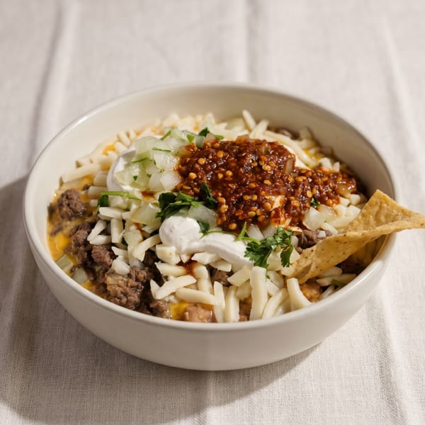 A bowl of chili with shredded cheese, sour cream, onions, and a tortilla chip.